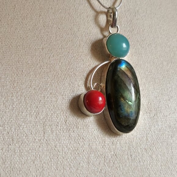 NEW ALL NATURAL LABRADORITE RED CORAL AMAZONITE Pendant 18" Sterling Necklace - Picture 3 of 8
